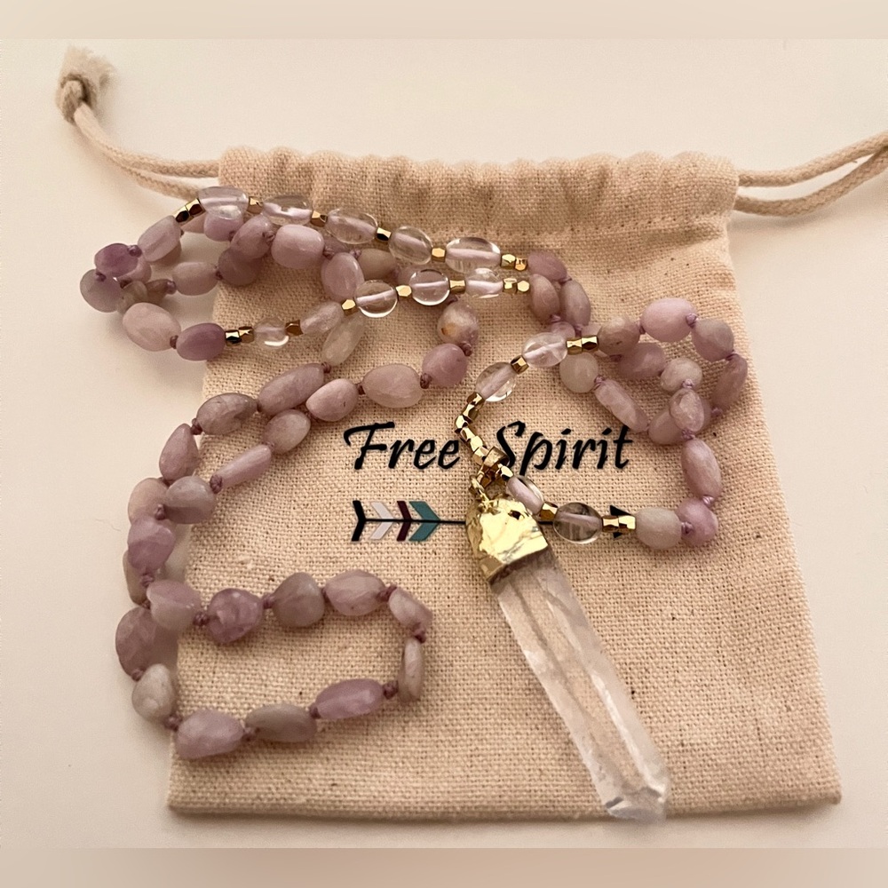 Free Spirit Quartz Crystal Pendant Beaded Necklace w Pouch